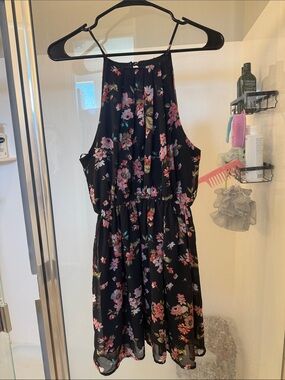 iris Black Floral Halter Dress with Pink and Green Blooms